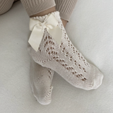 Condor - Grosgrain Bow Perle Openwork Knee Socks - Cream