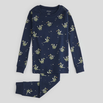 Petit Lem - Fire-Breathing Dragon Print  PJ Set - Navy Blue