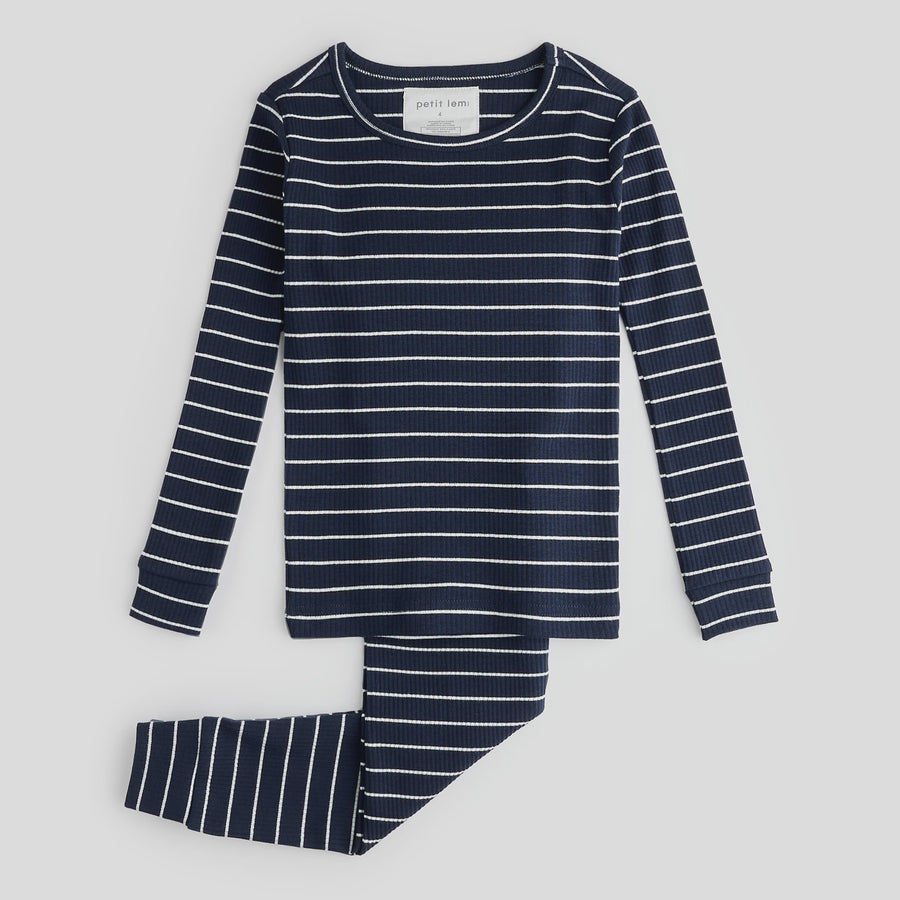 Petit Lem - Striped Modal Rib PJ Set - Navy Blue & White