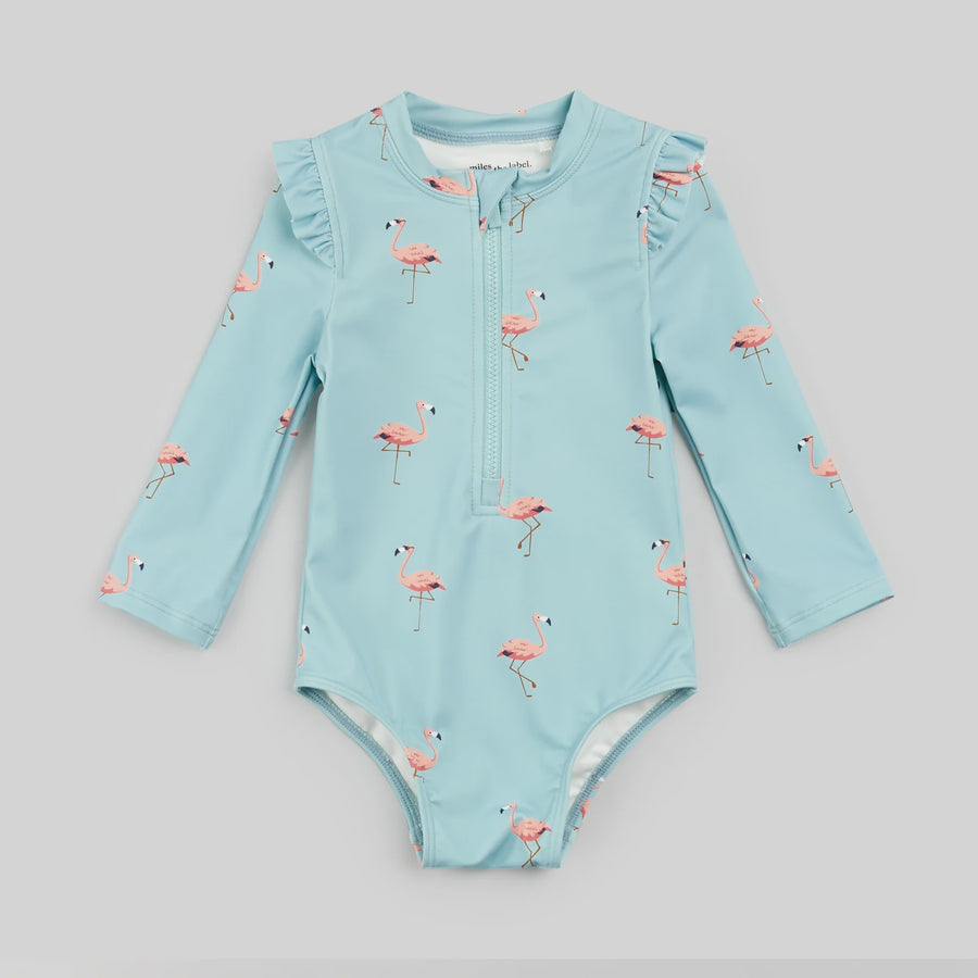 Miles the Label - Flamingo Print Longsleeve Swimsuit - Canal Blue