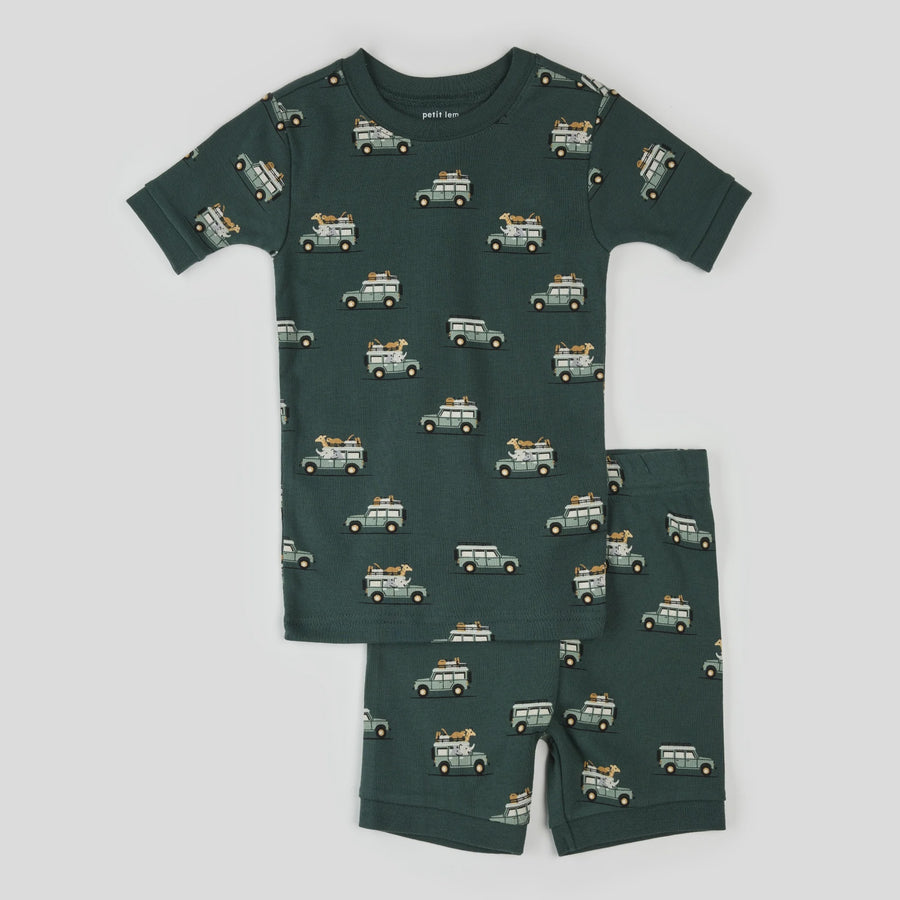 Petit Lem - Short Sleeve Top & Short PJ Set - Turquoise Safari Trucks