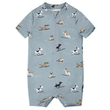 Petit Lem - Surfing Pups Print on Blue Swim Romper