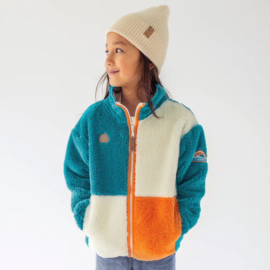 Souris Mini - Kids Sherpa Colour Block Jacket - Blue