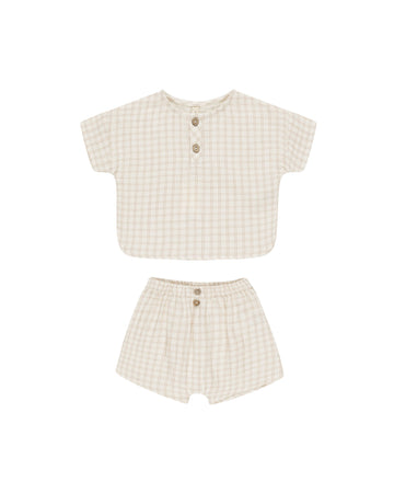 Quincy Mae - Woven Boxy Top & Short Set - Oat Check