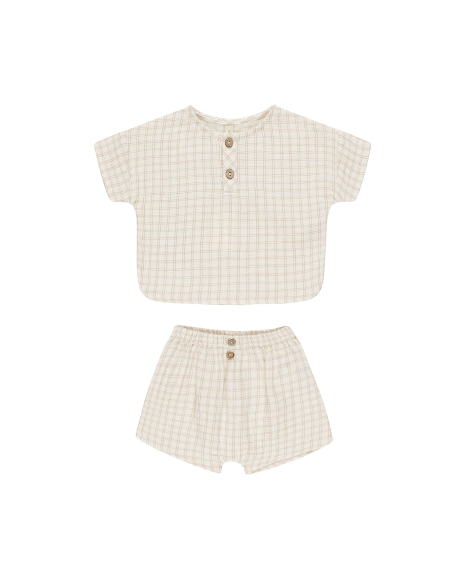 Quincy Mae - Woven Boxy Top & Short Set - Oat Check