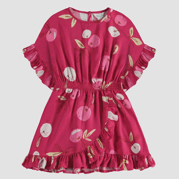 Souris Mini - Short Sleeve Relaxed Fit Flared Dress - Pink Cherries
