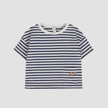 Souris Mini - Striped Short Sleeve French Terry T-Shirt - Navy White