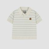 Souris Mini - Polo-Neck Knit Striped T-Shirt - Cream Blue