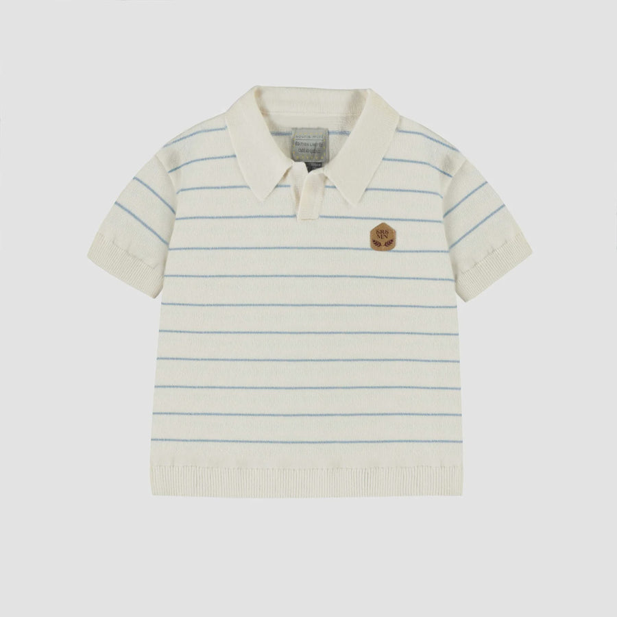 Souris Mini - Polo-Neck Knit Striped T-Shirt - Cream Blue