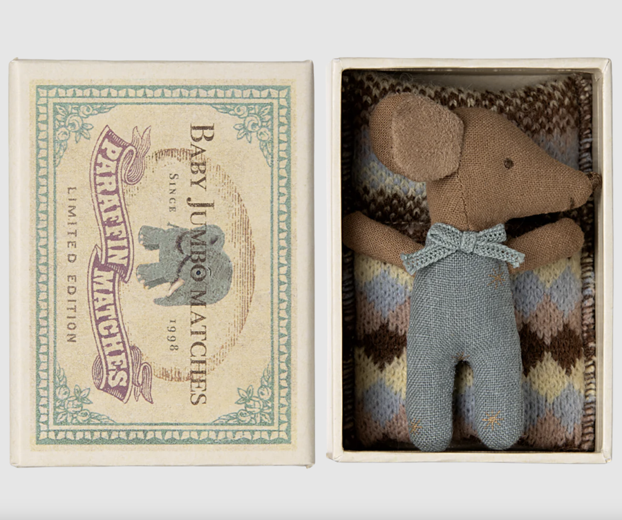 Maileg - Sleepy Wakey Baby Mouse in Matchbox - Blue