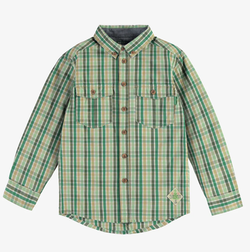 Souris Mini - Long Sleeve Checkered Shirt - Green and Cream Plaid