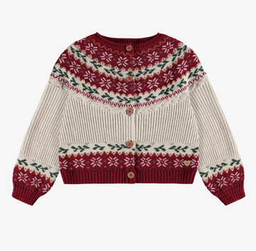 Souris Mini -  Cream and Red Holiday Patterned Knit Cardigan