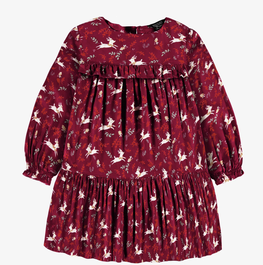 Souris Mini - Red dress with ruffle and reindeer all over print in viscose