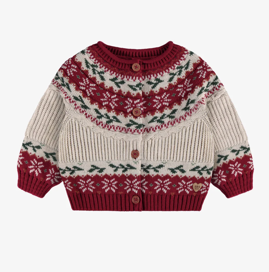 Souris Mini - Cream and red knit cardigan with holiday all over print (Baby)