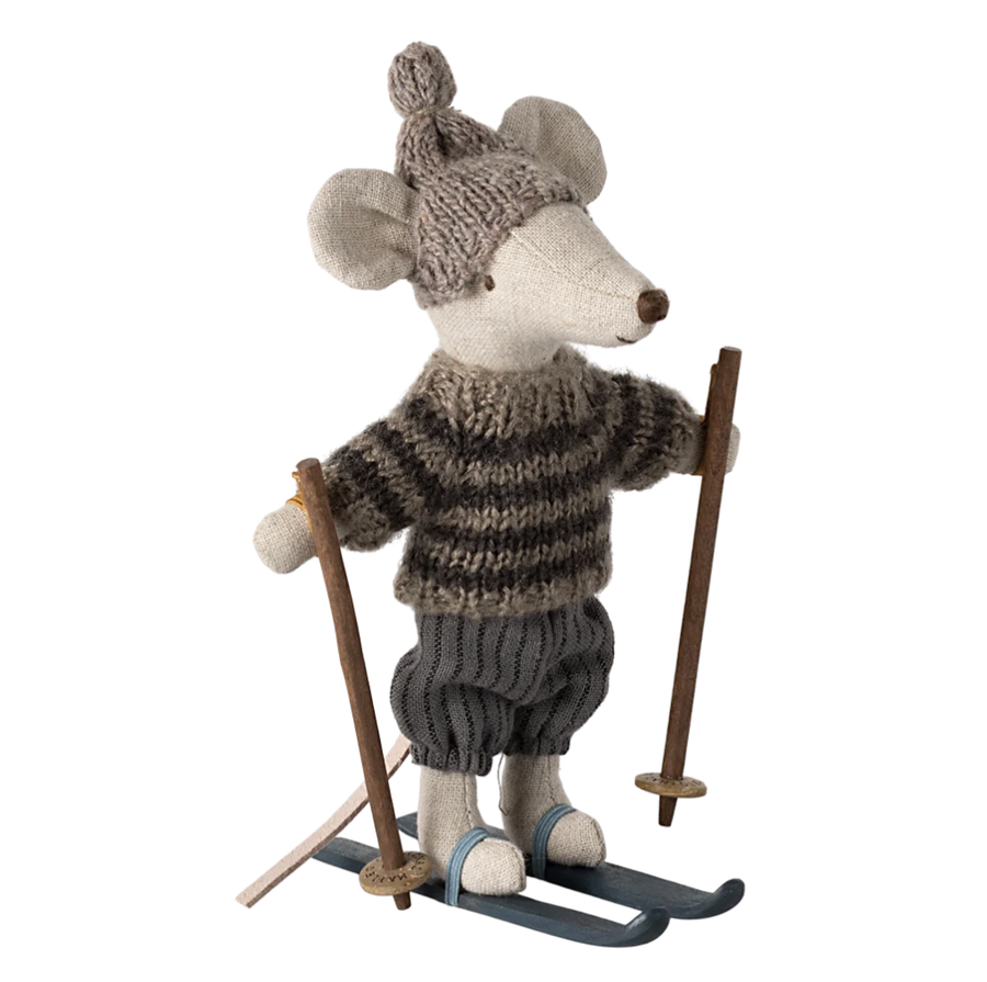 Maileg - Winter Mouse with Ski Set Big Brother - Grey