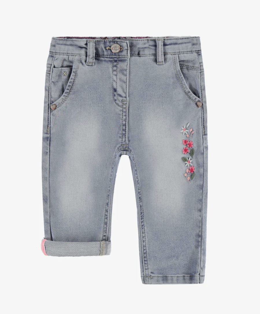 Souris Mini - Faded Denim Pants with Embroidery - Pale Blue