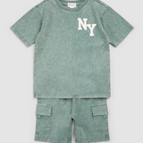 Miles The Label - NYC Puff Print on Green Acid Wash Short Set