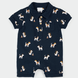 Petit Lem - Pups at Work on Dress Blue Romper