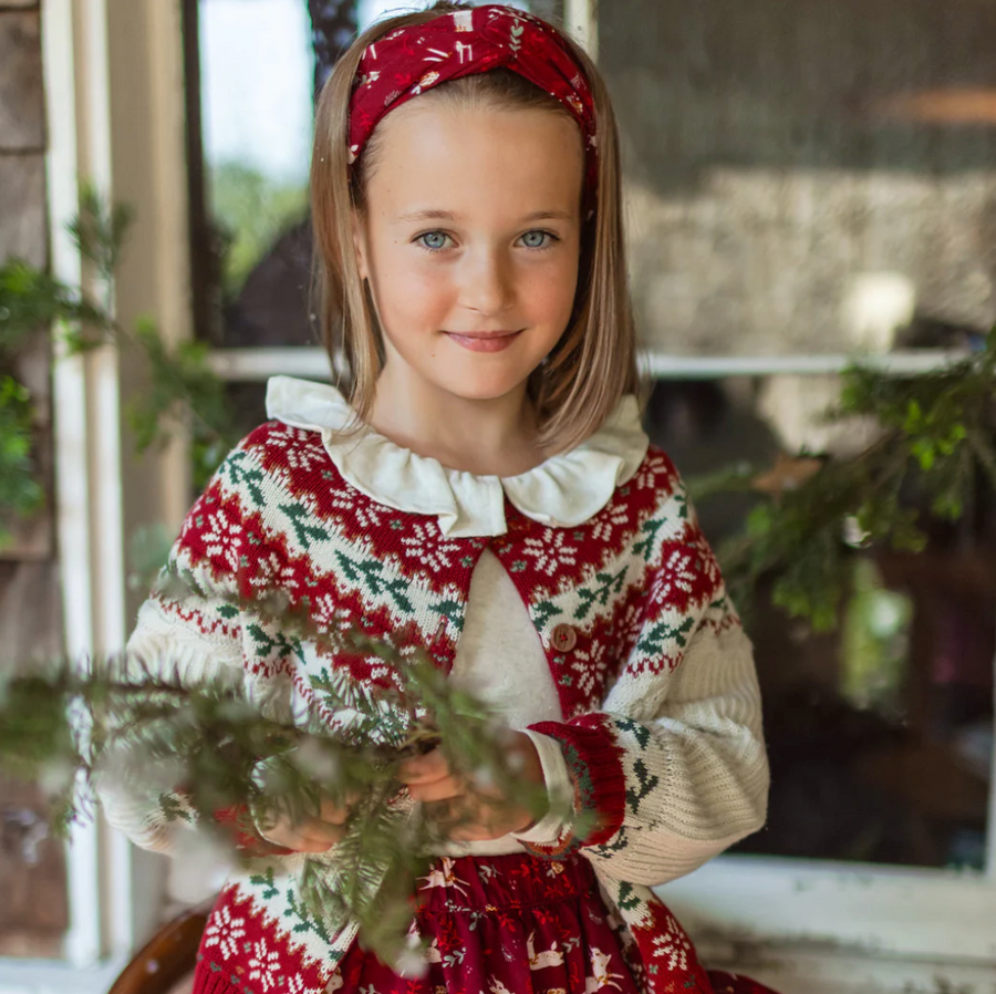 Souris Mini -  Cream and Red Holiday Patterned Knit Cardigan