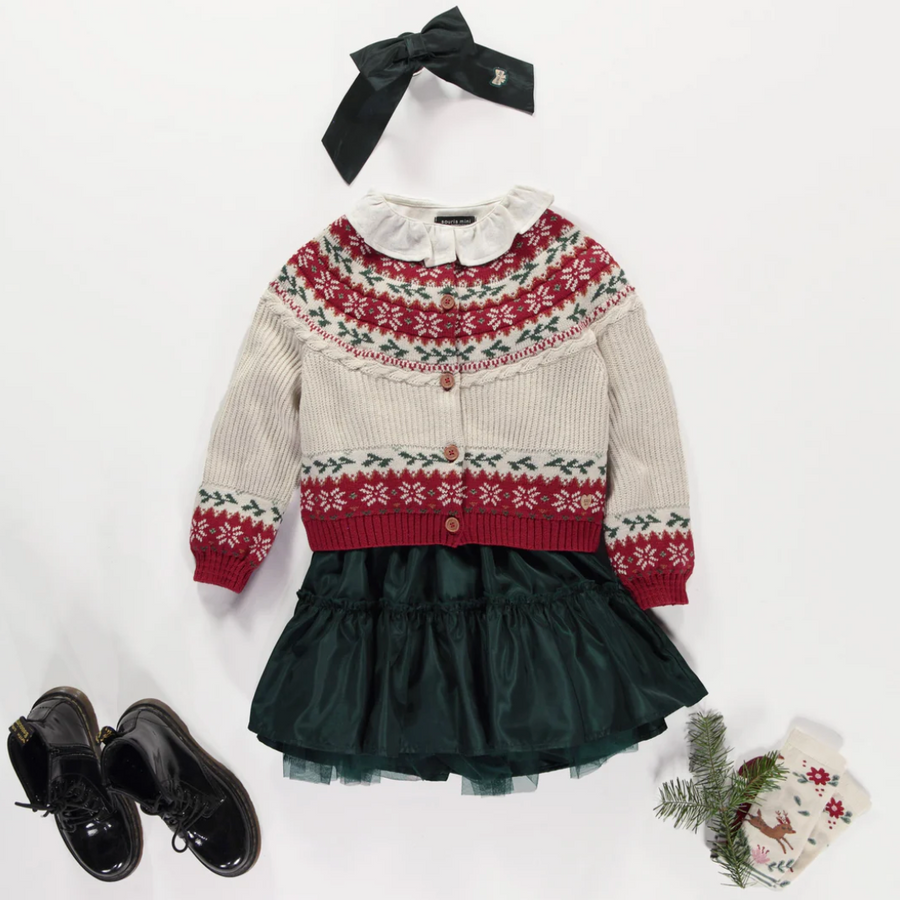 Souris Mini -  Cream and Red Holiday Patterned Knit Cardigan