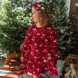 Souris Mini - Red dress with ruffle and reindeer all over print in viscose