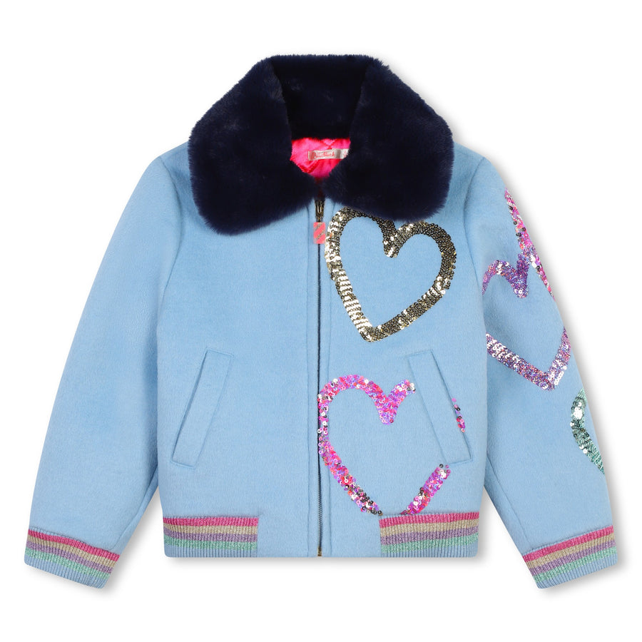 Billie Blush - Fur Collar Jacket - Light Blue Heart Graphics