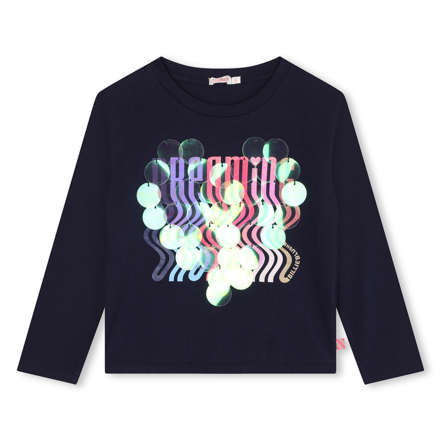 Billie Blush - Long Sleeve Melting Word Graphic - Indigo Sequin