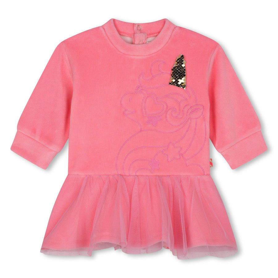 Billie Blush - Bi-Material Velvet & Mesh Dress - Pink Unicorn Graphic