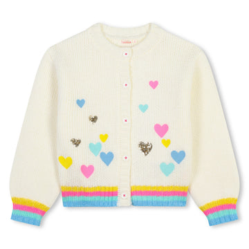 Billie Blush -Knit Button Up Cardigan - White & Heart Embroidery