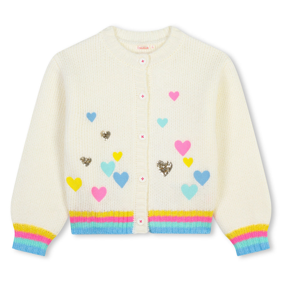 Billie Blush -Knit Button Up Cardigan - White & Heart Embroidery