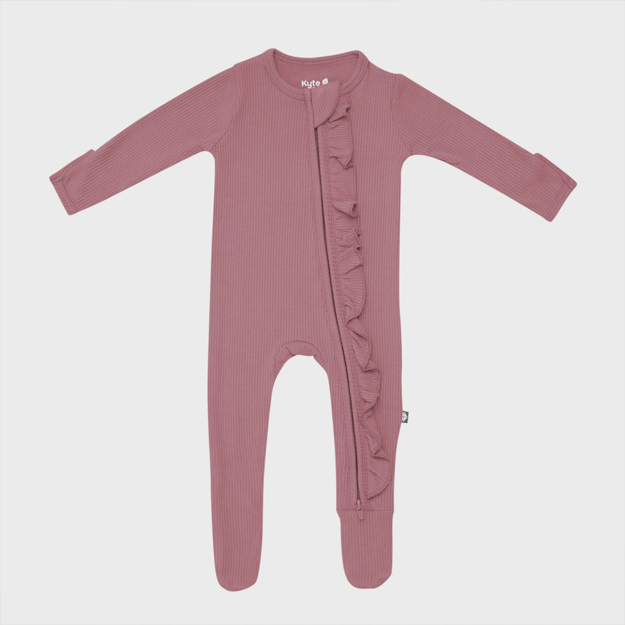 Kyte Baby - Ribbed Ruffle Zipper Footie - Dusty Rose