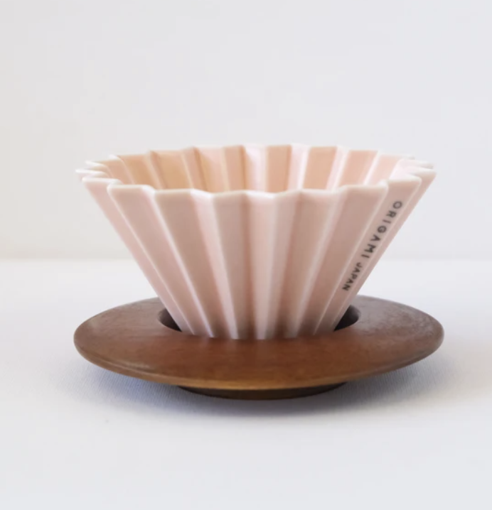 Origami - Medium Coffee Dripper and Wood Holder (Matte Pink)
