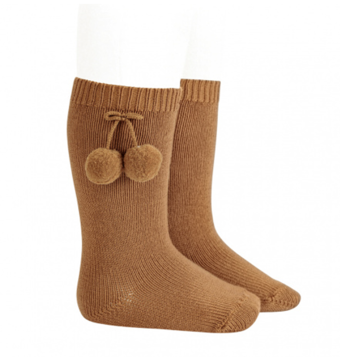 Condor - Ribbed knee-high pompom socks - Cinnamon