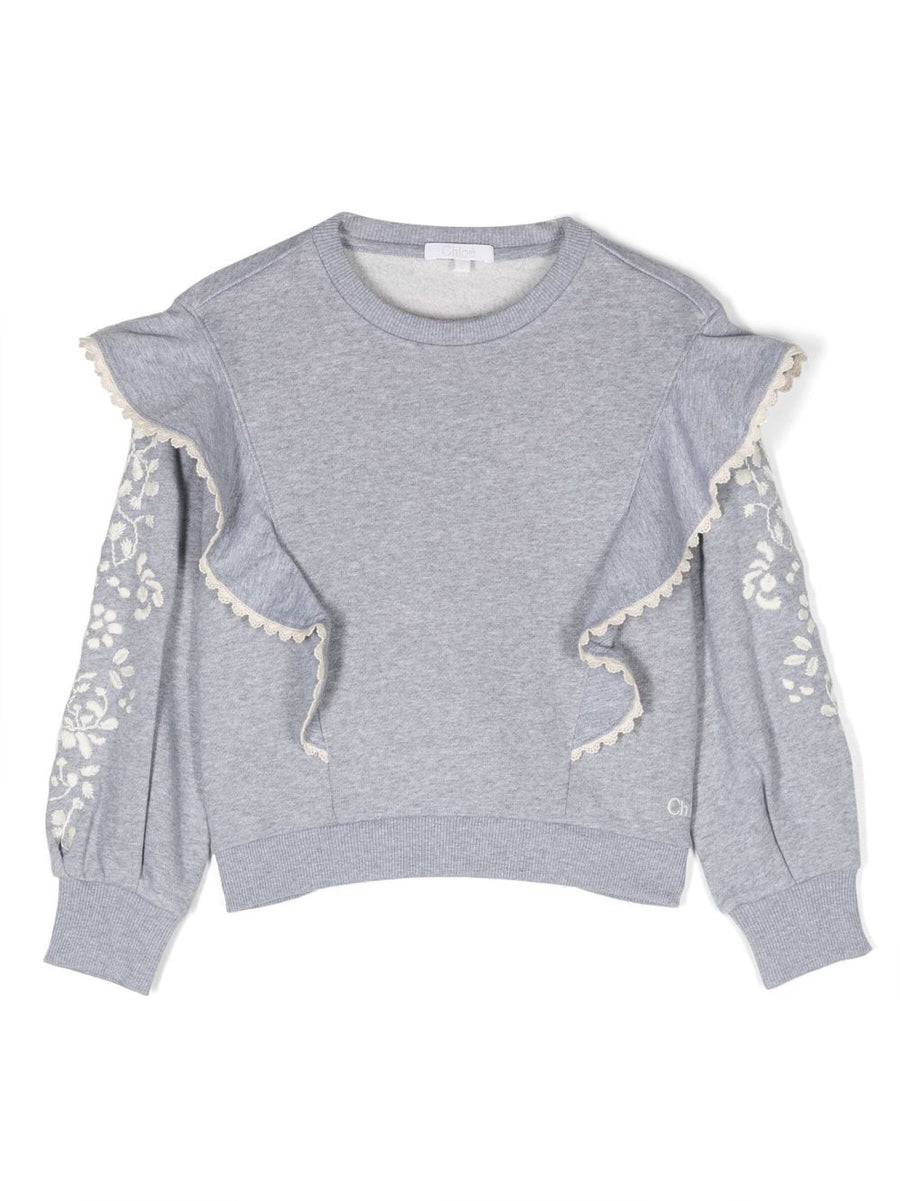 Chloe - Sweatshirt with Floral Embroidery - Grey Melange