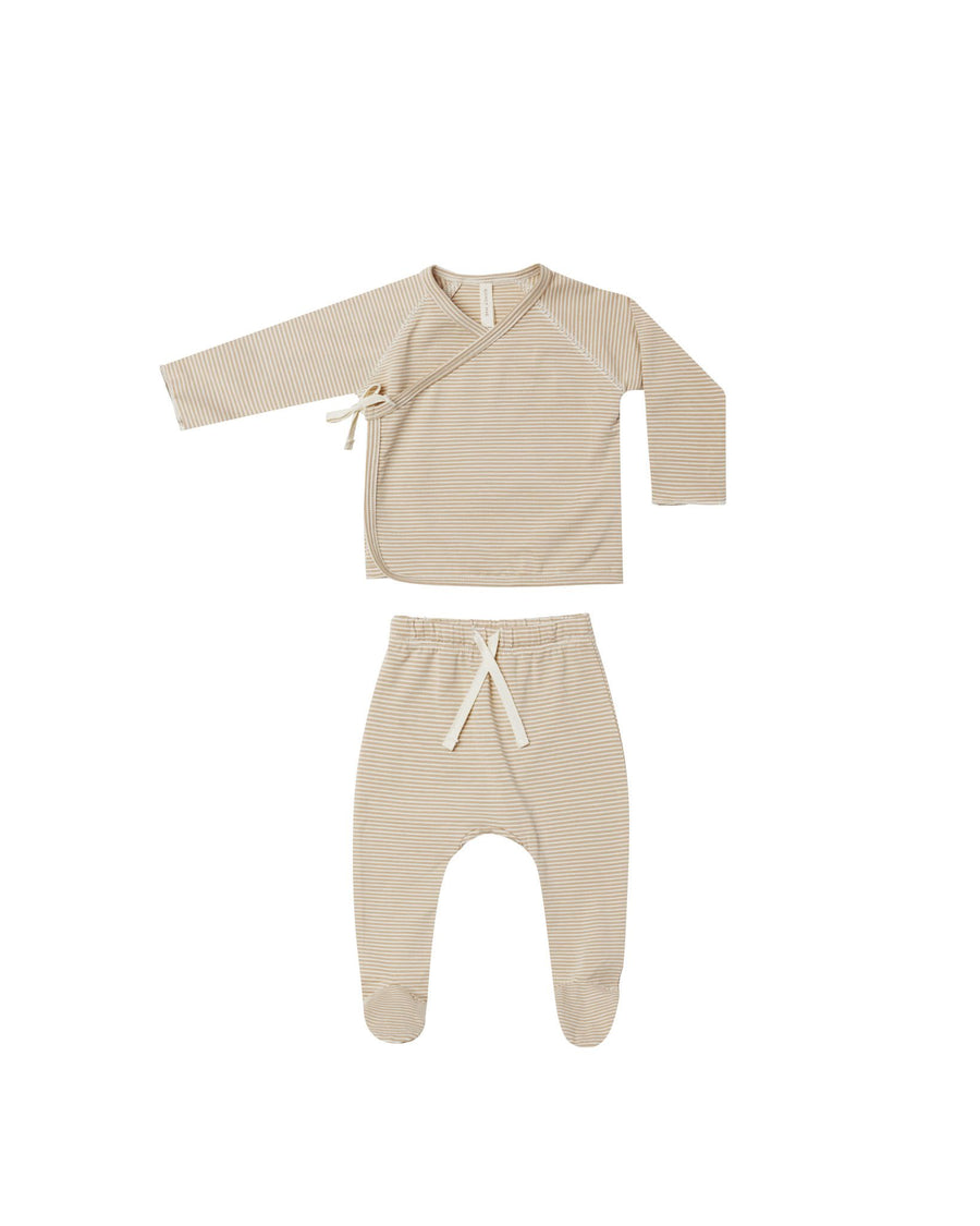 Quincy Mae - Wrap Top + Footed Pant Set - Micro Stripe
