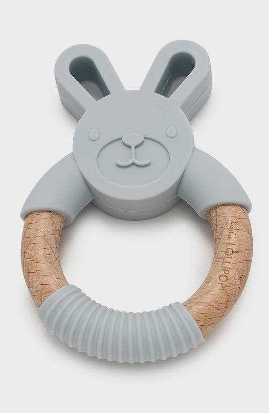 Loulou Lollipop - Bunny Silicone and Wood Teething Ring - Light Grey