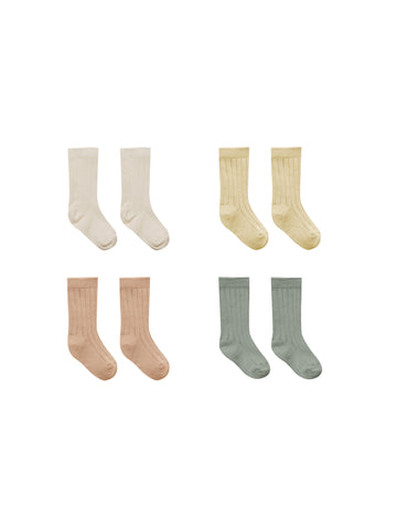 Quincy Mae - Set of 4 Ribbed Socks - Natural, Yellow, Apricot, Sea Green