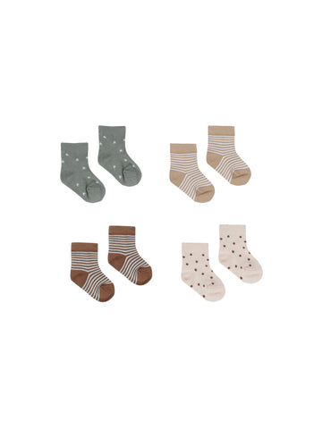 Quincy Mae - Set of 4 Printed Socks - Sea Green, Sienna, Yellow, Ivory