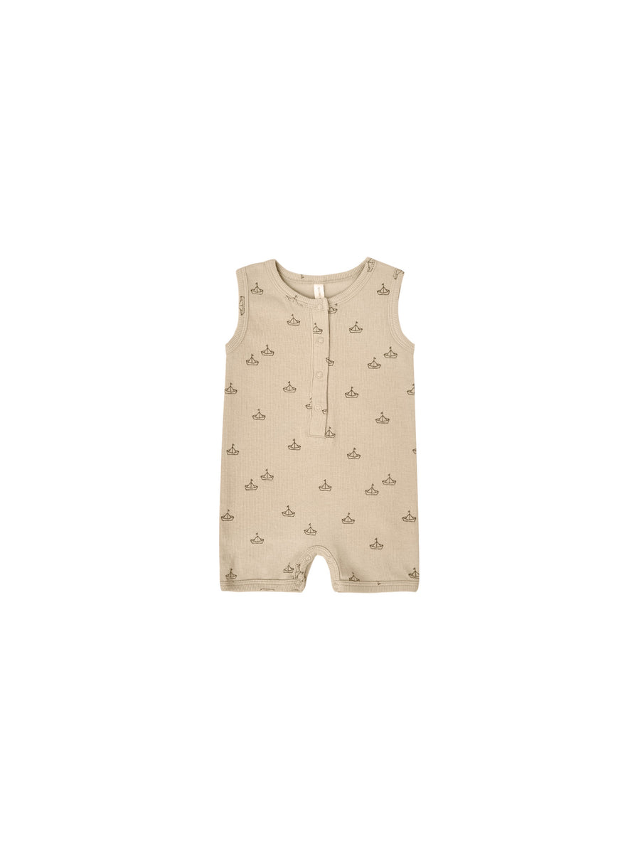 Quincy Mae - Ribbed Henley Romper - Latte Paper Boat Print
