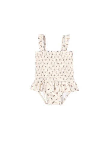 Quincy Mae - Smocked One Piece Swim Suit - Ivory Daisies
