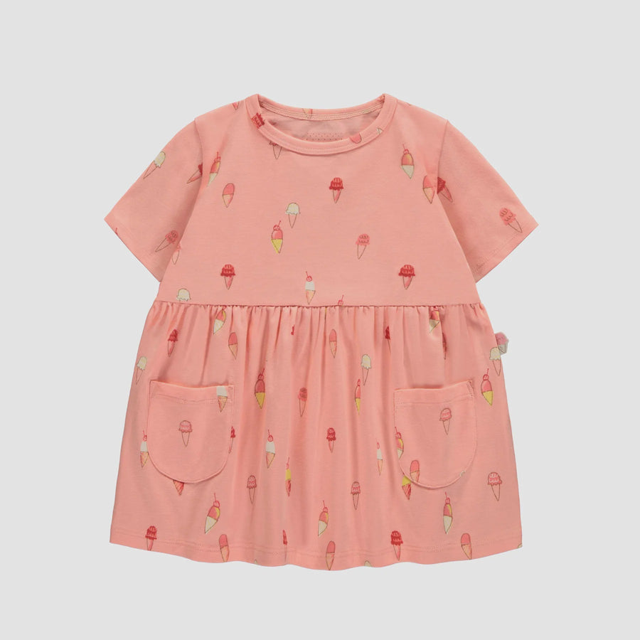 Souris Mini - Baby Girl Short Sleeve Cotton Dress - Pink Ice Cream Print