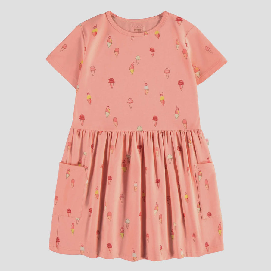 Souris Mini - Short Sleeved Ice Cream Print Dress - Pink