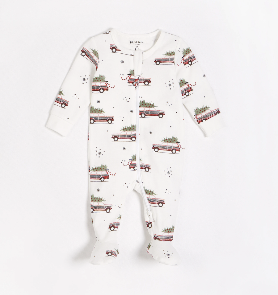 Petit Lem - Festive Car Footed Sleeper - Off White