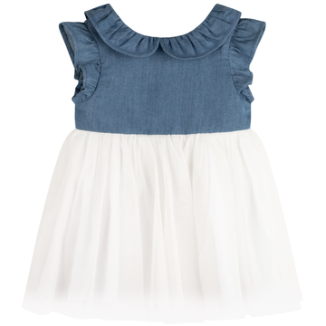 Carrement Beau - Chambray Tulle Dress with Ruffle Collar - Blue/White
