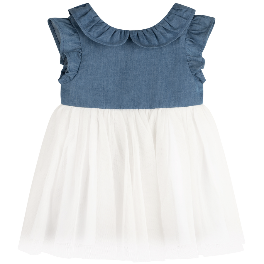 Carrement Beau - Chambray Tulle Dress with Ruffle Collar - Blue/White