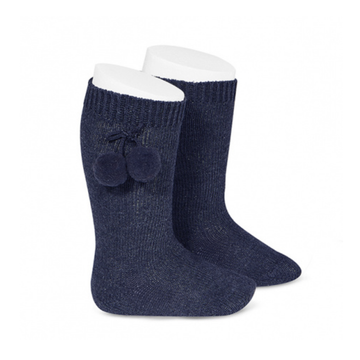 Condor - Warm Cotton Knee-High Pom Pom Socks - Navy Blue