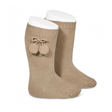 Condor - Warm Cotton Knee-High Pom Pom Socks - Camel