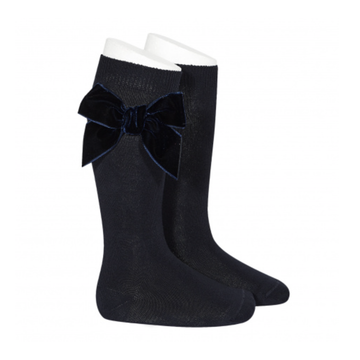 Condor - Side Velvet Bow Knee-High Socks - Navy Blue