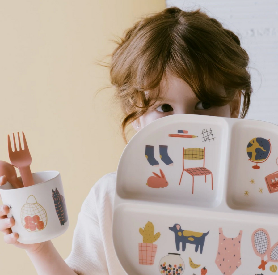 Ekobo - Bambino Kids Divided Illustrated Dinner Set - Coral
