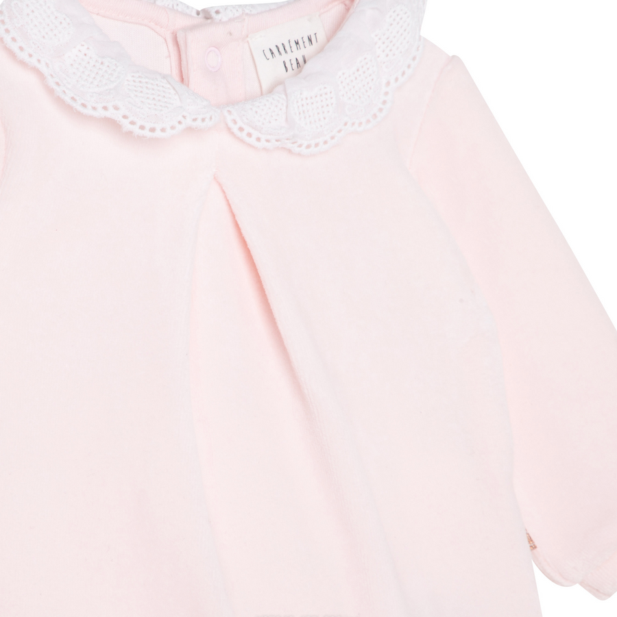 Carrement Beau - Velvet Backsnap Footie with Heart Embroidered Collar - Apricot